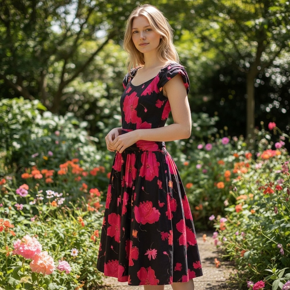 LAURA ASHLEY | Floral Midi Dress Women 10 Black Pink Vintage Great Britain 80s